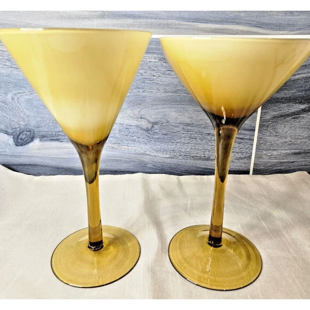 MCM Beautiful Pair of Hand Blown Milky Amber Martini Glasses 2 Sizes (read)